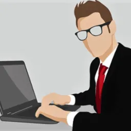 Stylizowana ilustracja mężczyzny w garniturze i okularach, pracującego na laptopie z pustym ekranem, skierowanym w lewo.