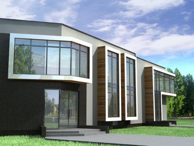 Wizualizacja nowoczesnego budynku biurowego w Warszawie z dużymi oknami i szklanymi drzwiami wejściowymi, otoczonego zielenią.