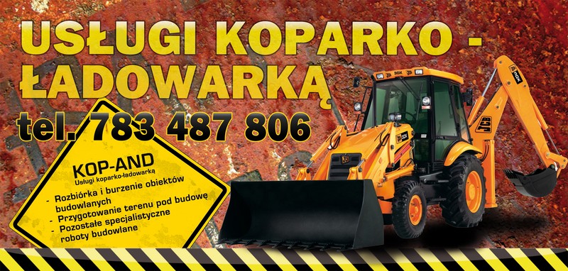 Grafika reklamowa z żółtą koparko-ładowarką JCB na tle z efektem rdzy, numer telefonu i logo firmy oferującej usługi koparko-ładowarką z Poznania, Swarzędza i Tarnowa Podgórnego.