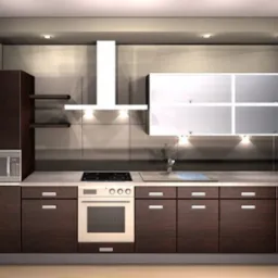 Wizualizacja kuchni na wymiar z ciemnobrązowymi szafkami dolnymi, białymi szafkami górnymi i sprzętem AGD w zabudowie, oświetlona punktowymi lampami podszafkowymi.