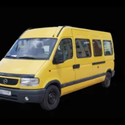 Żółty bus Opel Movano z czarnym deflektorem na masce, widok z przodu i boku na tle czarnego tła.