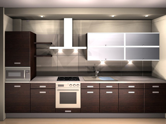 Wizualizacja kuchni na wymiar z ciemnobrązowymi szafkami dolnymi, białymi szafkami górnymi i sprzętem AGD w zabudowie, oświetlona punktowymi lampami podszafkowymi.