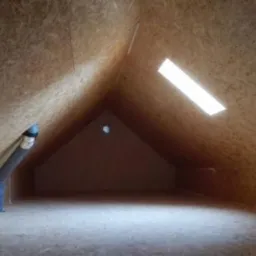 Poddasze wykończone płytami OSB, widoczny fragment instalacji wentylacyjnej i okno dachowe.