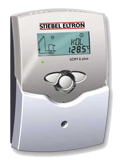 Panel sterowania Stiebel Eltron SOM 6 plus z wyświetlaczem schematu instalacji solarnej i temperaturą 128.5 stopni Celsjusza.