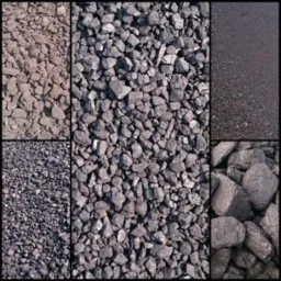 Kompozycja zbliżeń różnych frakcji węgla: od miału po bryły, ukazująca tekstury i kolory. Prezentacja asortymentu z bliska, zróżnicowanie w jednym kadrze.