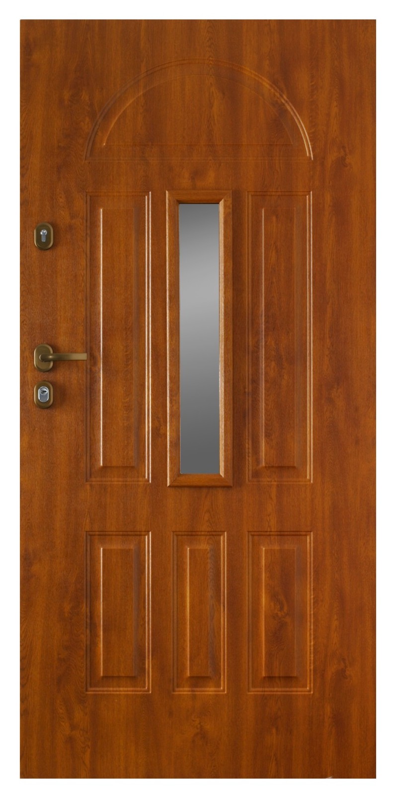 Brązowe drzwi wejściowe z małym, pionowym przeszkleniem, widoczny zamek i klamka w złotym odcieniu.