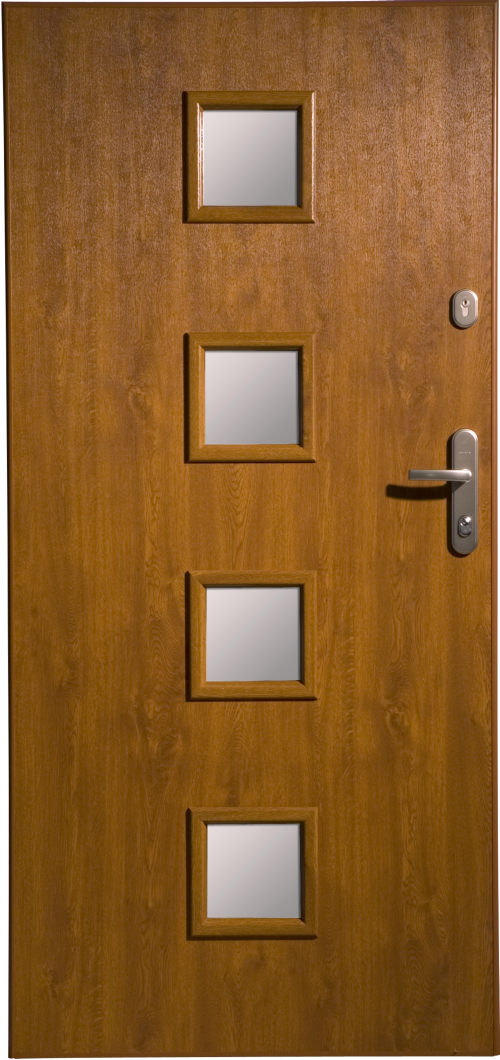 Brązowe drzwi wejściowe z czterema kwadratowymi przeszkleniami, srebrna klamka i zamek.