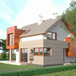 Wizualizacja 3D nowoczesnego domu jednorodzinnego z drewnianą elewacją, jasną fasadą i dwuspadowym dachem. Na pierwszym planie fotograf robiący zdjęcie.