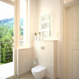 Jasna łazienka z toaletą podwieszaną, grzejnikiem drabinkowym i dużym oknem z widokiem na zieleń. Ściany wykończone panelami w odcieniach beżu i bieli.