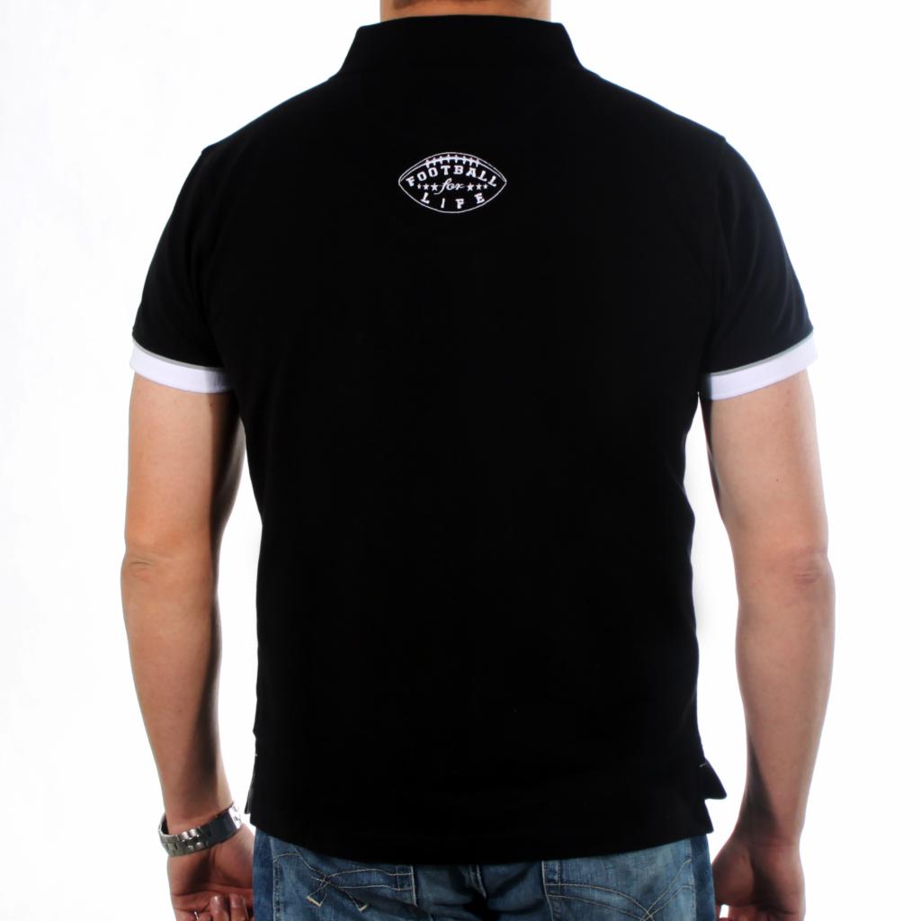 Męska czarna koszulka polo z białymi mankietami i nadrukiem 'Football is for life' na plecach, widok z tyłu na białym tle.