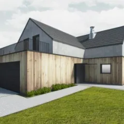 Wizualizacja nowoczesnego domu z drewnianą elewacją, szarą bryłą i balkonem na dachu, otoczonego zielonym trawnikiem i brukowanym podjazdem.
