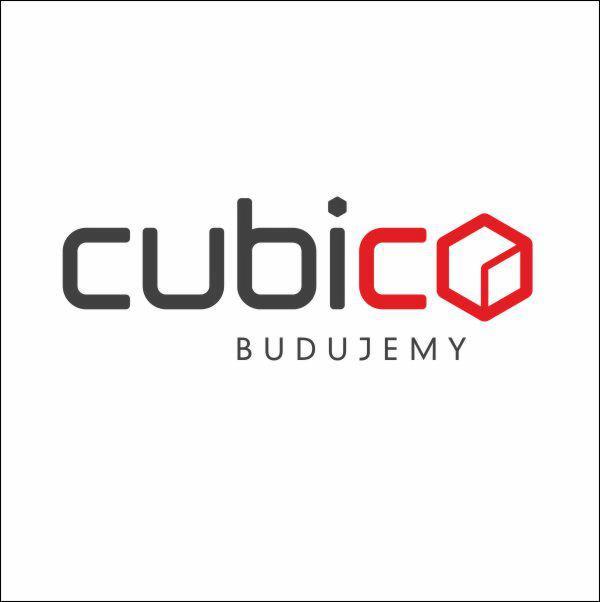 Logo firmy budowlanej Cubico z napisem 'Budujemy' w kolorach szarym i czerwonym na białym tle.