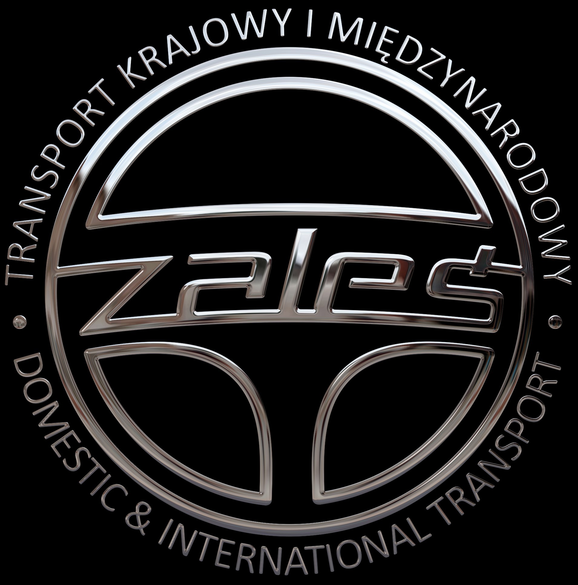 Logo firmy transportowej Zales. Srebrny, metaliczny znak graficzny na czarnym tle z napisem: Transport krajowy i międzynarodowy, Domestic & International Transport.