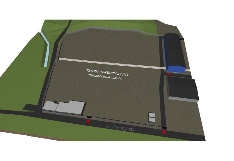 Wizualizacja 3D terenu inwestycyjnego o powierzchni 2,3 ha przy ulicy Cieszyńskiej, z bocznica kolejową i przyległym ciekiem wodnym.