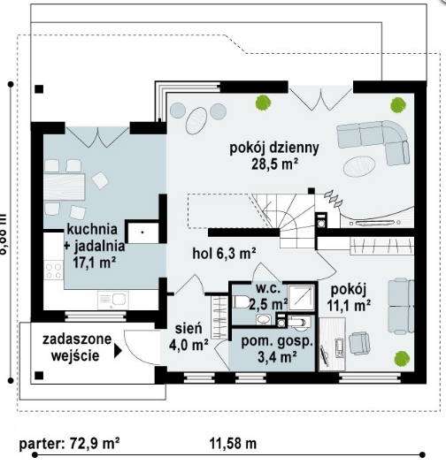 Rzut parteru domu jednorodzinnego z zaznaczonymi pomieszczeniami, metrażem i umiejscowieniem mebli.