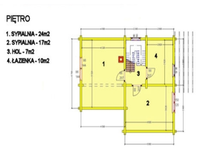 Rzut poziomy piętra domu szkieletowego z zaznaczonymi wymiarami i powierzchnią pomieszczeń: sypialnia 24m2, sypialnia 17m2, hol 7m2, łazienka 10m2.