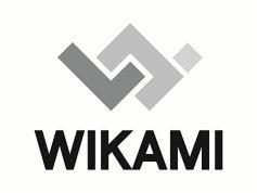 Logo firmy WIKAMI z abstrakcyjnym symbolem graficznym w odcieniach szarości nad nazwą firmy.