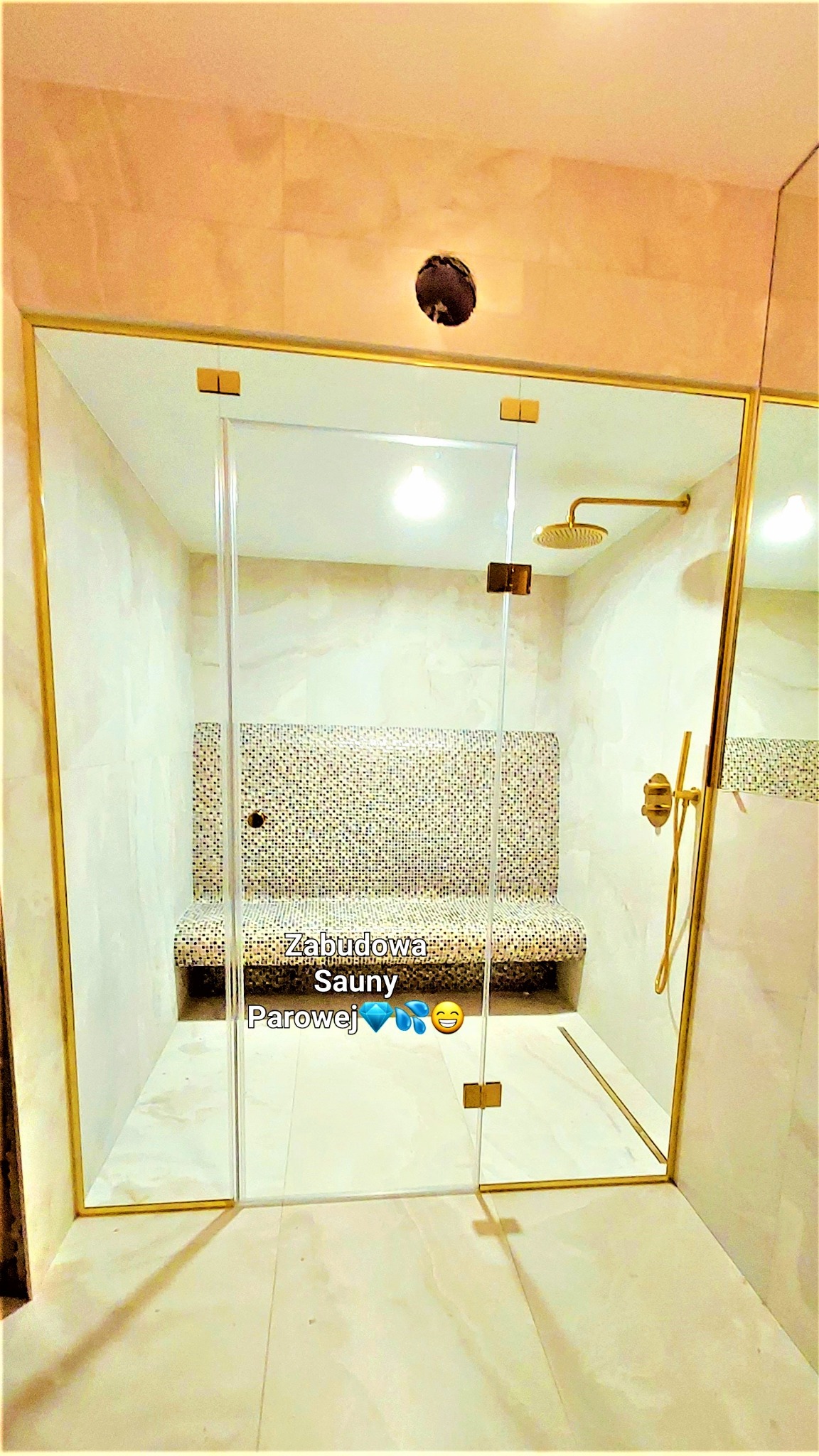 Zabudowa Sauny parowej Szkło 8mm hartowane okucia złote