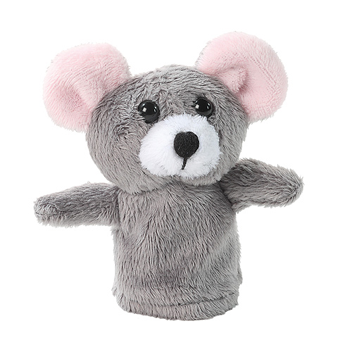 Szara pluszowa pacynka na palec w kształcie myszki z różowymi uszkami na białym tle.