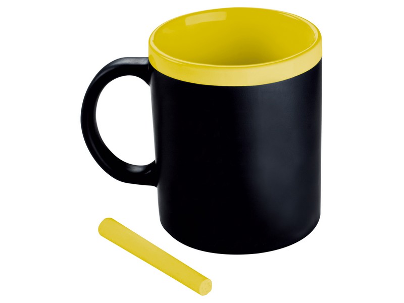 Czarny kubek z żółtym wnętrzem i kredą, przeznaczony do pisania logo lub wiadomości.
