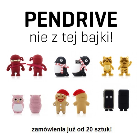 Kreatywne pendrive'y w kształcie figurek: ninja, pingwin, tygrys, sowa i piernikowy ludzik, prezentowane na białym tle.
