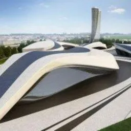 Wizualizacja futurystycznego budynku usługowego z zaokrąglonymi, białymi elementami dachu z ciemnymi pasami, na tle panoramy miasta i wysokiej wieży.