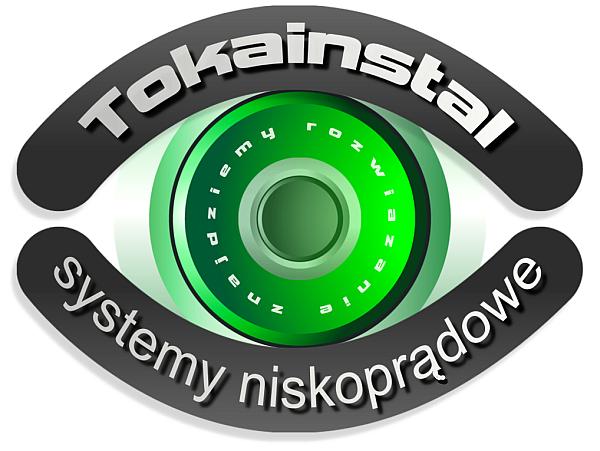 Logo firmy Tokainstal w kształcie oka z zieloną tęczówką i napisem 'systemy niskoprądowe' oraz 'rozwiązanie dla przemysłu'.