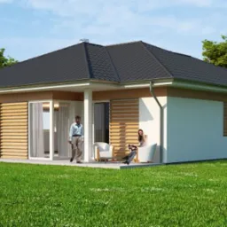 Wizualizacja parterowego domu jednorodzinnego z płaskim dachem, drewnianą elewacją i tarasem, na którym siedzą dwie osoby.