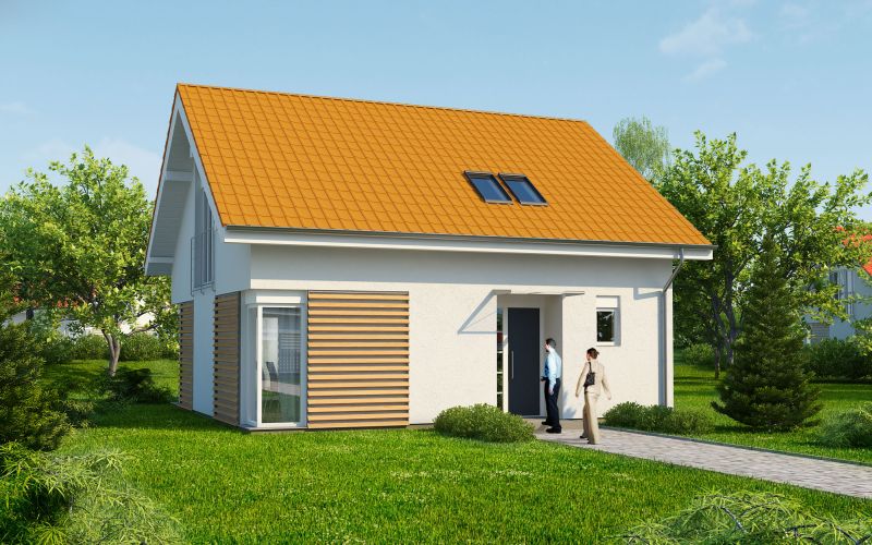 Wizualizacja domu jednorodzinnego z pomarańczowym dachem w Będzinie, z parą osób wchodzącą do środka, ukazująca nowoczesną elewację z drewnianymi akcentami i oknami dachowymi.