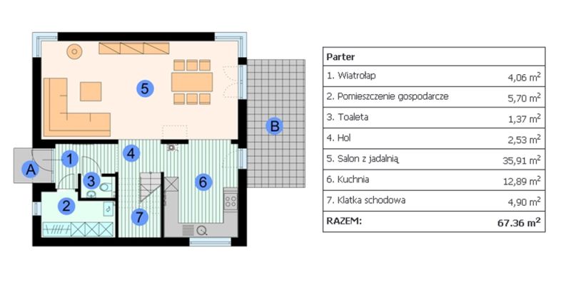 Rzut parteru domu jednorodzinnego z oznaczonymi pomieszczeniami i podanymi powierzchniami, widoczny wiatrołap, pomieszczenie gospodarcze, toaleta, hol, salon z jadalnią, kuchnia i klatka schodowa.