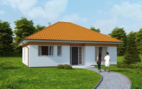 Wizualizacja parterowego domu jednorodzinnego z pomarańczową dachówką, białymi ścianami i ciemnymi drzwiami wejściowymi, z parą spacerującą po ścieżce prowadzącej do domu.