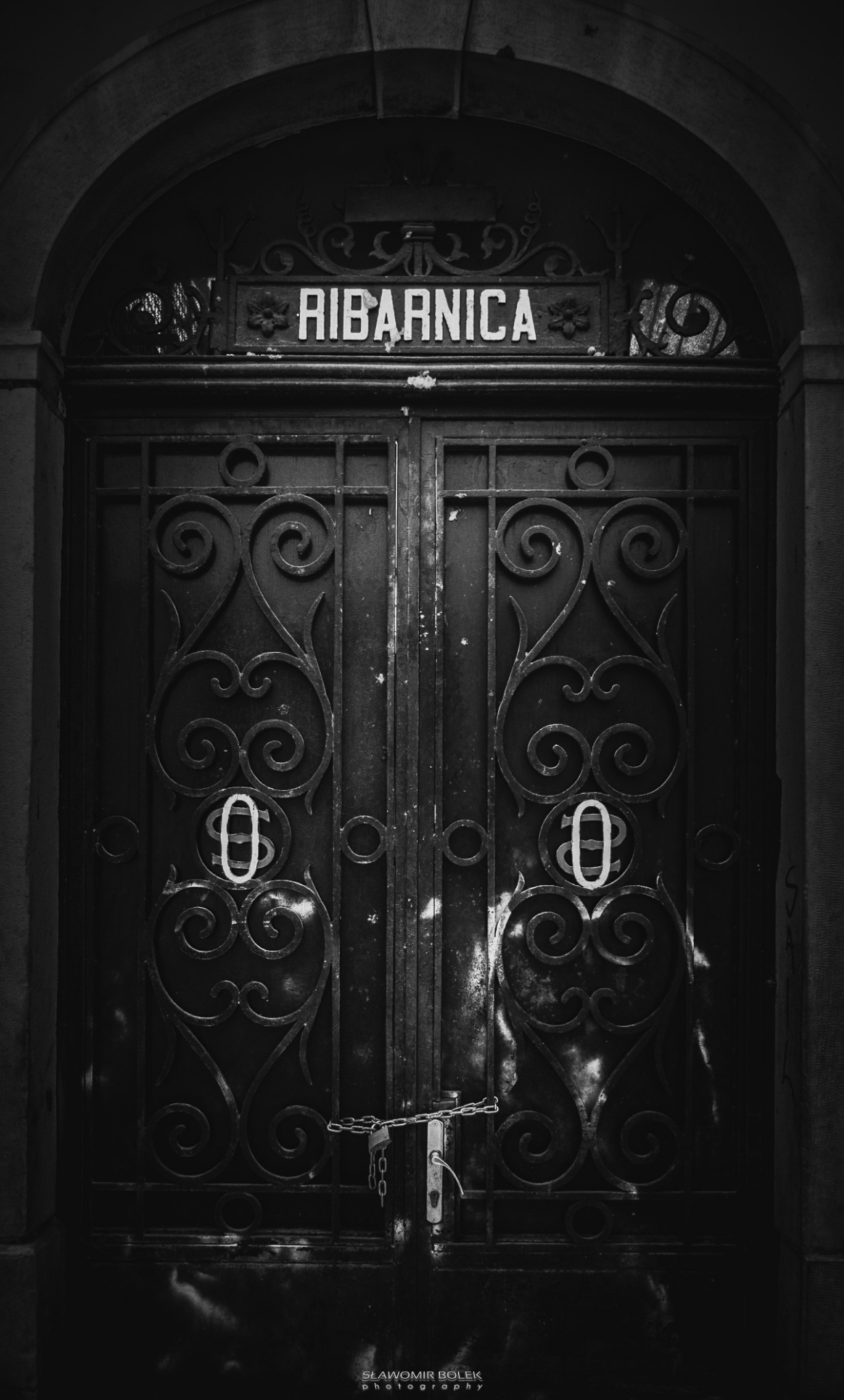 Czarno-białe zdjęcie żelaznej bramy z dekoracyjnymi elementami, zamkniętej na łańcuch i kłódkę, nad bramą napis 'RIBARNICA'.
