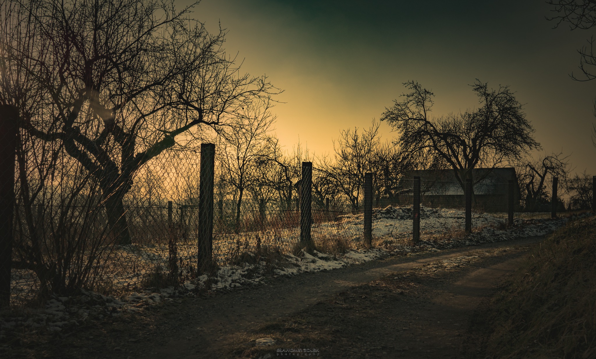 Zimowy krajobraz w Chrzanowie: polna droga, ogrodzenie z siatki, nagie drzewa i budynek w tle, oświetlone ciepłym światłem zachodzącego słońca.