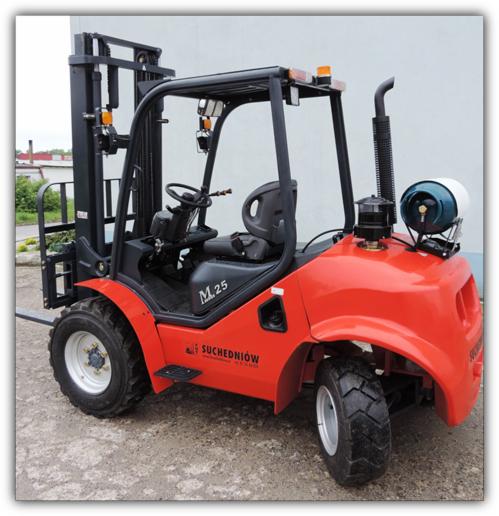 Czerwony wózek widłowy M.25 z butlą gazową i logo 'SUCHEDNIÓW' na boku, stojący na betonowej powierzchni, z widocznymi oponami i elementami konstrukcyjnymi.
