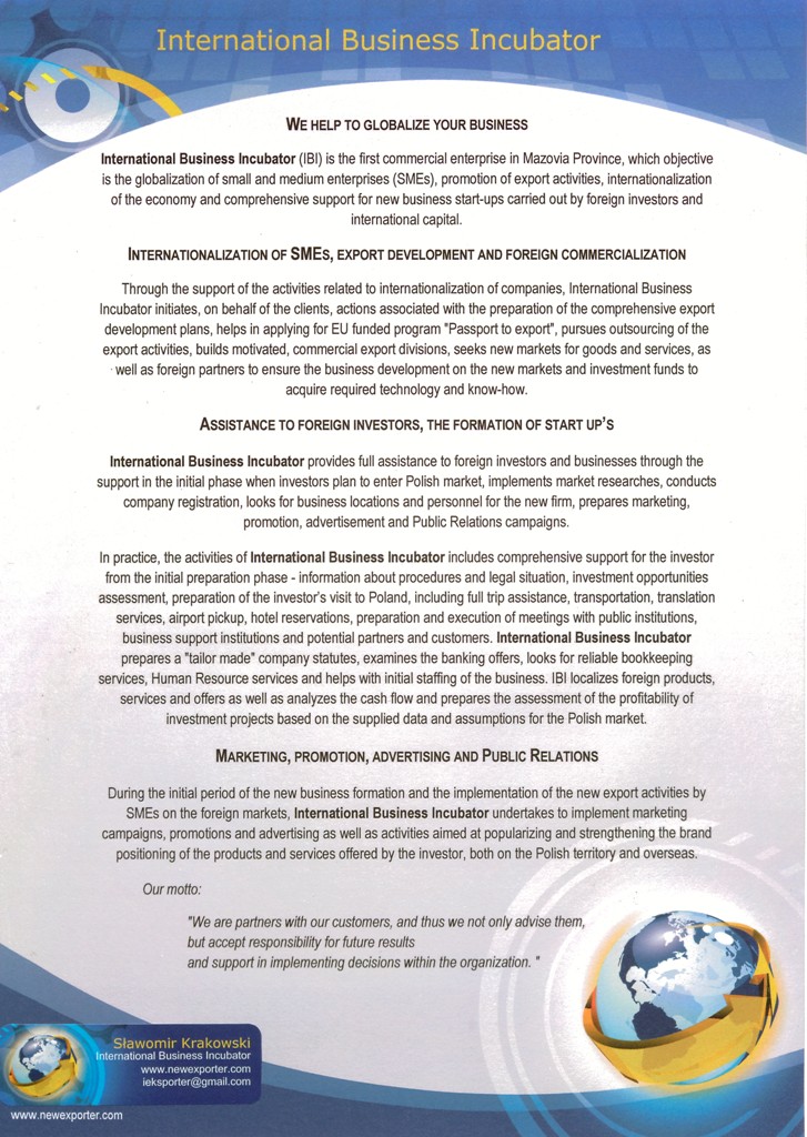 Ulotka informacyjna International Business Incubator z ofertą wsparcia dla firm w eksporcie, globalizacji i pozyskiwaniu inwestorów zagranicznych, prezentująca logo firmy i dane kontaktowe.