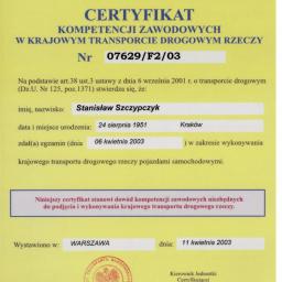 Certyfikat Transportu Drogowego Naszej Firmy ABC