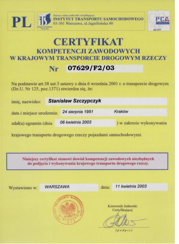 Certyfikat Transportu Drogowego Naszej Firmy ABC