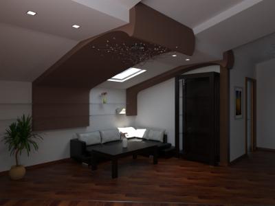 Nowoczesny salon na poddaszu z drewnianą podłogą, skórzaną sofą i unikalnym oświetleniem sufitowym. Okno dachowe wpuszcza naturalne światło, tworząc przytulną atmosferę.