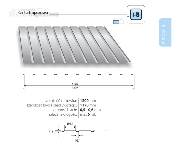 Schemat techniczny blachy trapezowej T-8 z wymiarami i przekrojem poprzecznym.