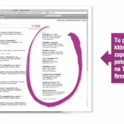 Zrzut ekranu wyników wyszukiwania Google z zaznaczonymi wynikami organicznymi i tekstem reklamowym zachęcającym do kliknięcia, sugerujący pozyskiwanie klientów.