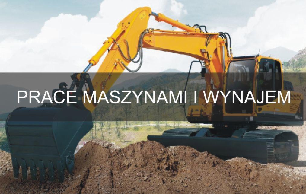 Żółta koparka hydrauliczna na gąsienicach, z wysięgnikiem i łyżką zagłębiającą się w ziemię, na tle zieleni i wzgórz.