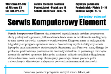 Element Serwis 24H - Klinika komputerów - Serwis komputerów, telefonów, internetu Warszawa